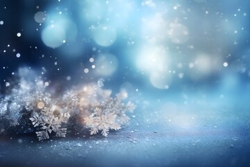 Snowflakes on blue bokeh christmas background, ai generated