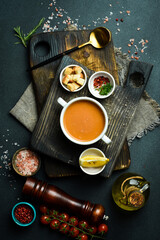 Wall Mural - Lentil soup. Vegan menu. Close-up, dark background.