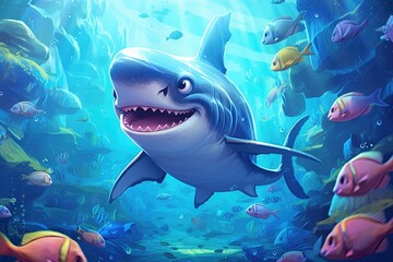 Wall Mural - Dive into a cartoon - style realm where sharks rule the seas with a splash of humor and excitement illustration generative ai