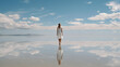 Young woman in white dress standing on the salt lake with reflection in water and looking at blue sky. Woman in white dress standing on the salt lake with smooth surface.   AI generated