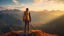 Young Woman With Backpack Standing On The Top Of Mountain And Looking At The Sunset. Freedom And Travel. Human Hiker With Backpack Standing On Top Of A Mountain And Enjoying The View. AI Generated..
