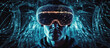 © alexkoral - man in virtual reality glasses in cyberspace of metaverse with 3D augmented reality of future. Generative AI