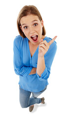 Excited, idea and above portrait of a woman with knowledge, planning and surprise. Happy, girl or teenager with bright ideas, plan and pointing with a gesture isolated on a transparent png background