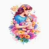 Fototapeta Kosmos - Watercolor Artwork of Mother and Baby in a Heartwarming Scene for Photo Stock of Tender Love