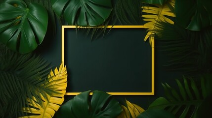 Tropical leaves, yellow frame illustration of generated ai tropical leaves, yellow frame.
