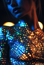 woman in shiny sequined dress at party with neon lights. Generative AI
