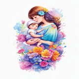 Fototapeta Kosmos - Watercolor Illustration of Mother and Infant for Photo Stock of Blissful Bond