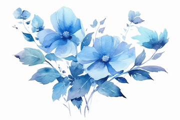  Watercolor painting of blue flowers and leaves isolated on white background created with Generative AI technology