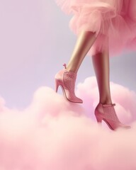 photo of a woman wearing pink high heels standing on a white fluffy cloud.
