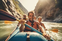 A Close - Up Shot Of A Group Of Friends Engaged In Kayaking Or Rafting On A Fast - Flowing River With Rocky Cliffs In The Background. Generative AI