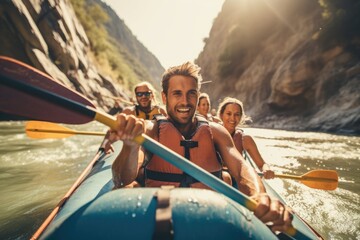 A close - up shot of a group of friends engaged in kayaking or rafting on a fast - flowing river with rocky cliffs in the background. Generative AI