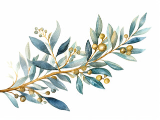 Wall Mural - Watercolor floral illustration set - green & gold leaf branches collection, for wedding stationary, greetings, wallpapers, fashion, background. Eucalyptus, olive, green leaves, generative AI.