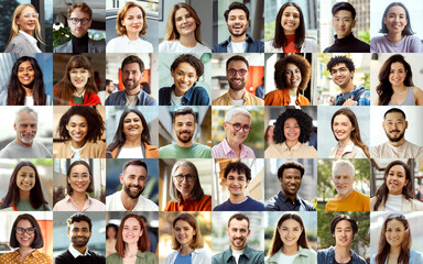 collage portrait of multiracial smiling different business people. a lot of happy modern people face