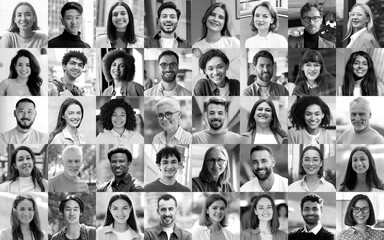 Black and white portrait, collage of multiracial smiling business people. Successful business, team, career, diversity concept 