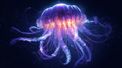 Wall Mural - Glowing sea jellyfish isolated on dark background created with Generative AI technology