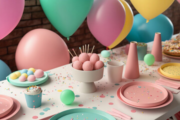 Wall Mural - Pink party table with paper plates and confetti and baloons, baby shower, generative AI