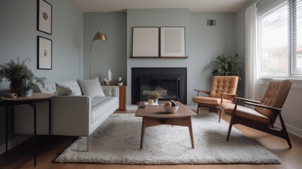 Wall Mural - Living room decor, home interior design . Scandinavian Mid-century Modern style with Fireplace decorated with Wood and Leather material . Generative AI AIG26.