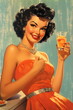 pinup model with black hair and red dress holding glass cocktail, 40s, 50s painting made with generative ai