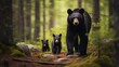A Black Bear Mother and her Cubs in the Forest