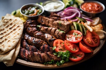 A diverse kebab platter with assorted grilled kebabs, fresh flatbread, and accompanying sauces.