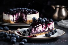Blueberry Cheesecake On A Plate With Blueberries On The Plate. Cuisine. Generative AI