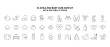 Set Of Line Icons Related To Child Care. Child And Baby Care  Line Icon Set. Baby Care Editable Stroke Outline Icons Set Isolated On White Background. Vector Illustration. Editable Strokes.