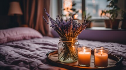 Wall Mural - A tray with candles and lavender flowers on a bed. Generative AI image.