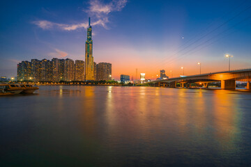 Wall Mural - Sunset at Landmark 81 with warm sunshine