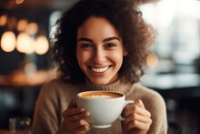 A Young Woman Enjoying A Cup Of Coffee At A Trendy Cafe. Generative AI