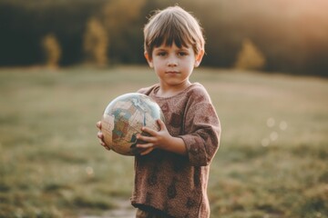 Canvas Print - A little boy holding a ball in a field. Generative AI image.