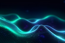 Blue And Green Glowing Waves In The Style Of Mesh Pattern In  3d Space