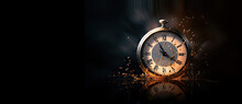 An Old Pocket Watch With Floating Particles Symbolizing The Passing Of Time Against A Black Background. Time And Countdown Concept Banner.