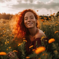 Sticker - A woman in a field of flowers smiling. Generative AI image.