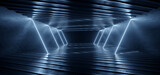 Fototapeta Do przedpokoju - Sci Fi Futuristic Neon Laser Electric Cyber Glowing Bunker Blue Lights Stage Garage Hangar Hallway Corridor Tunnel Cement Concrete Grunge Basement Club 3D Rendering