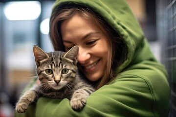 A close - up shot of a woman with a gentle smile, cradling a newly adopted cat in her arms at an animal shelter. Generative AI