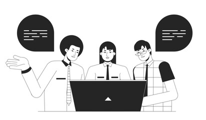 Poster - helping colleague bw concept vector spot illustration. coworkers working together 2d cartoon flat li