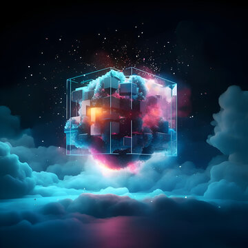 3d illustration of abstract cube made of cubes with smoke on dark background
