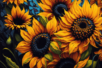 Sunflowers background, many sunflowers in oil painting style illustration. Generative Ai.