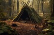 Bushcraft wickiup shelter in the forest. Generative AI.