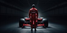 Formula 1 Pilot Standing In Front Of His Race Car, Illustration, Generative AI
