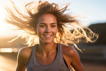 Wall Mural - A close - up shot of a young woman running outdoors on a sunny day. Generative AI