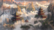 traditional chinese architectures was surrounded by misty clouds and mountains, created by generative AI