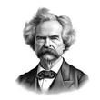A vintage ink engraving print of a full-face headshot portrait of Mark Twain against a pure white background with copy space - Generative AI