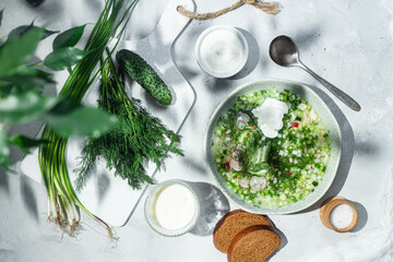 Wall Mural - Cold soup. Okroshka with meat in a bowl