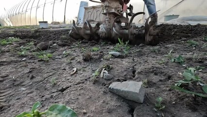 Wall Mural - Farmer plowing land with using tiller block cultivator machinery for soil cultivation in garden soil