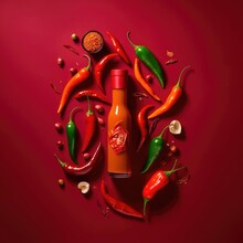Bottle Of Spicy Sauce With Red Hot Chili Pepper. Generative AI