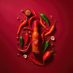 Wall Mural - Bottle of spicy sauce with red hot chili pepper. Generative AI
