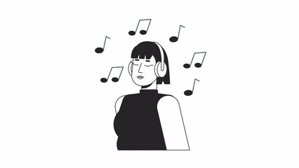 Fototapete - asian girl music bw animation. animated isolated 2d headphones young woman. cartoon monochrome flat 