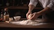 © imagemir - Rustic chef making pizza dough on dark background. Food preparation. Generative Ai