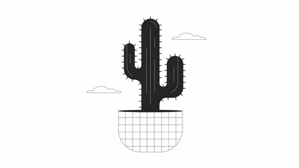 Poster - Cactus flower in clouds bw animation. Animated plant in pot 2D cartoon flat monochrome line object. Desert flower 4K video concept footage on white with alpha channel transparency for web design